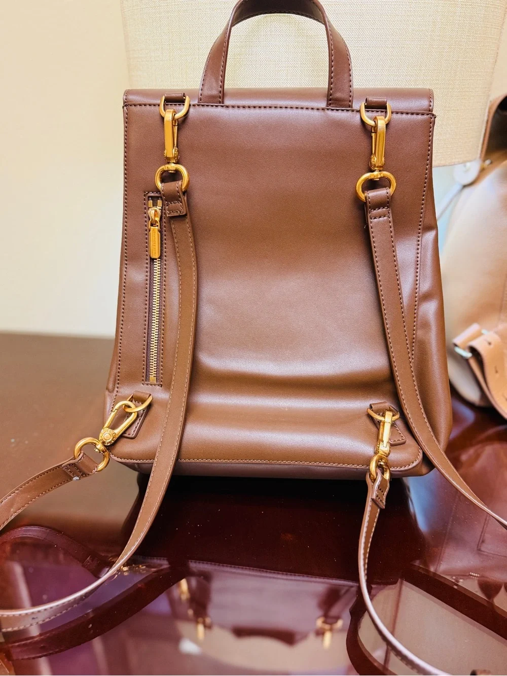 Charles & Keith Brown Smooth Leather Laptop Backpack